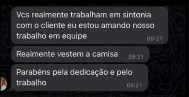 Feedback de cliente sobre sintonia e trabalho em equipe